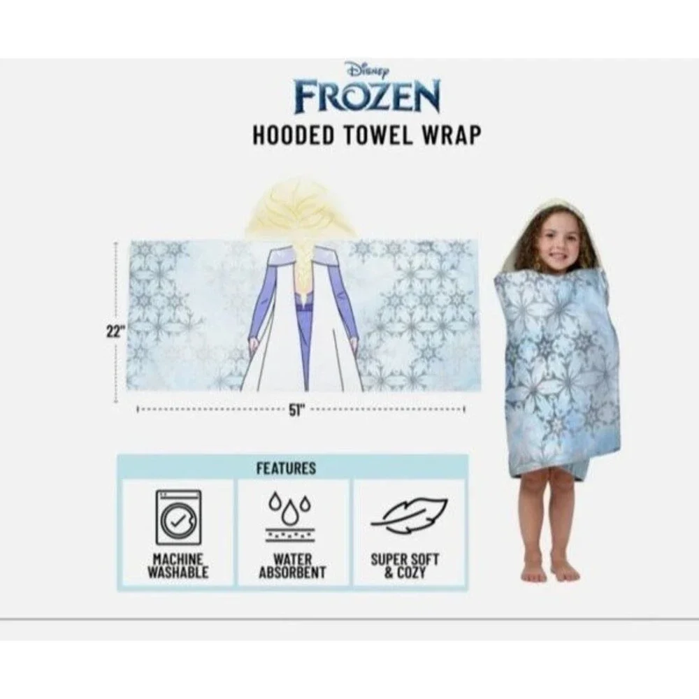 DISNEY FROZEN HOODED TOWEL, 100% Cotton, Bath Wrap, Pool, Swim, 22